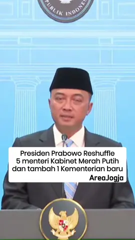 Presiden @prabowo melakukan reshuffle 5 Menteri Kabinet Merah Putih dan menambah 1 kementerian baru.  Menteri yang diganti: 1. Menteri Koordinator Bidang Politik dan Keamanan:  Budi Gunawan.  2. Menteri Keuangan : Sri Mulyani diganti Purbaya Yudhi Sadewa 3. Menteri Perlindungan Pekerja Migran Indonesia: Abdul Kadir Karding diganti Mukhtarudin.  4. Menteri Koperasi: Budi Arie Setiadi diganti Ferry Juliantono.  5. Menteri Pemuda dan Olahraga: Dito Ariotedjo Sementara kementerian baru yakni Kementerian Haji dan Umrah dijabat oleh Irfan Yusuf sebagai Menteri dan Dahnil Anzar Simanjuntak sebagai Wakil Menteri.