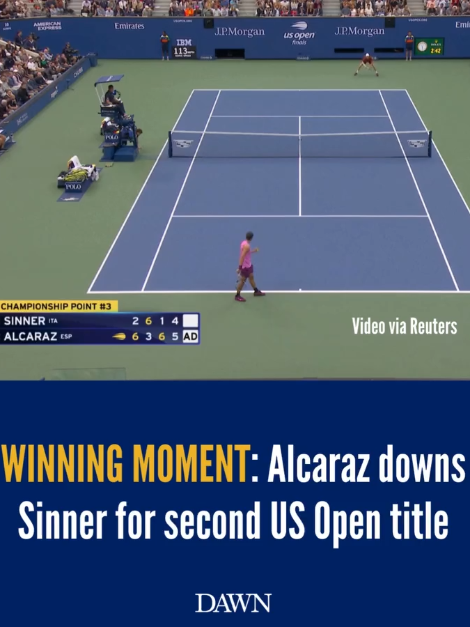 Carlos Alcaraz ended the reign of Jannik Sinner with a 6-2, 3-6, 6-1, 6-4 win to claim the US Open title on Sunday and tighten his grip on the era-defining rivalry between the torch-bearers of the men's game. In a perfect echo of the triumph that first propelled him to the number one spot in 2022, Alcaraz's second New York title lifted him back to the top of the world rankings as the 22-year-old Spaniard displaced Sinner and took his Grand Slam trophy haul to six. As grey clouds hovered over the iconic Arthur Ashe Stadium, Alcaraz continued to deliver the sunshine tennis that has lit up Flushing Meadows over the last fortnight, consolidating an early break by faking a drop to hit a winner that wrong-footed Sinner. He beamed after pulling off an outrageous half-volley at the net and wrapped up the opening set shortly afterwards, finishing it off with a big serve that Sinner crashed into the net as the Italian's metronomic precision briefly deserted him. Via Reuters. #DawnToday