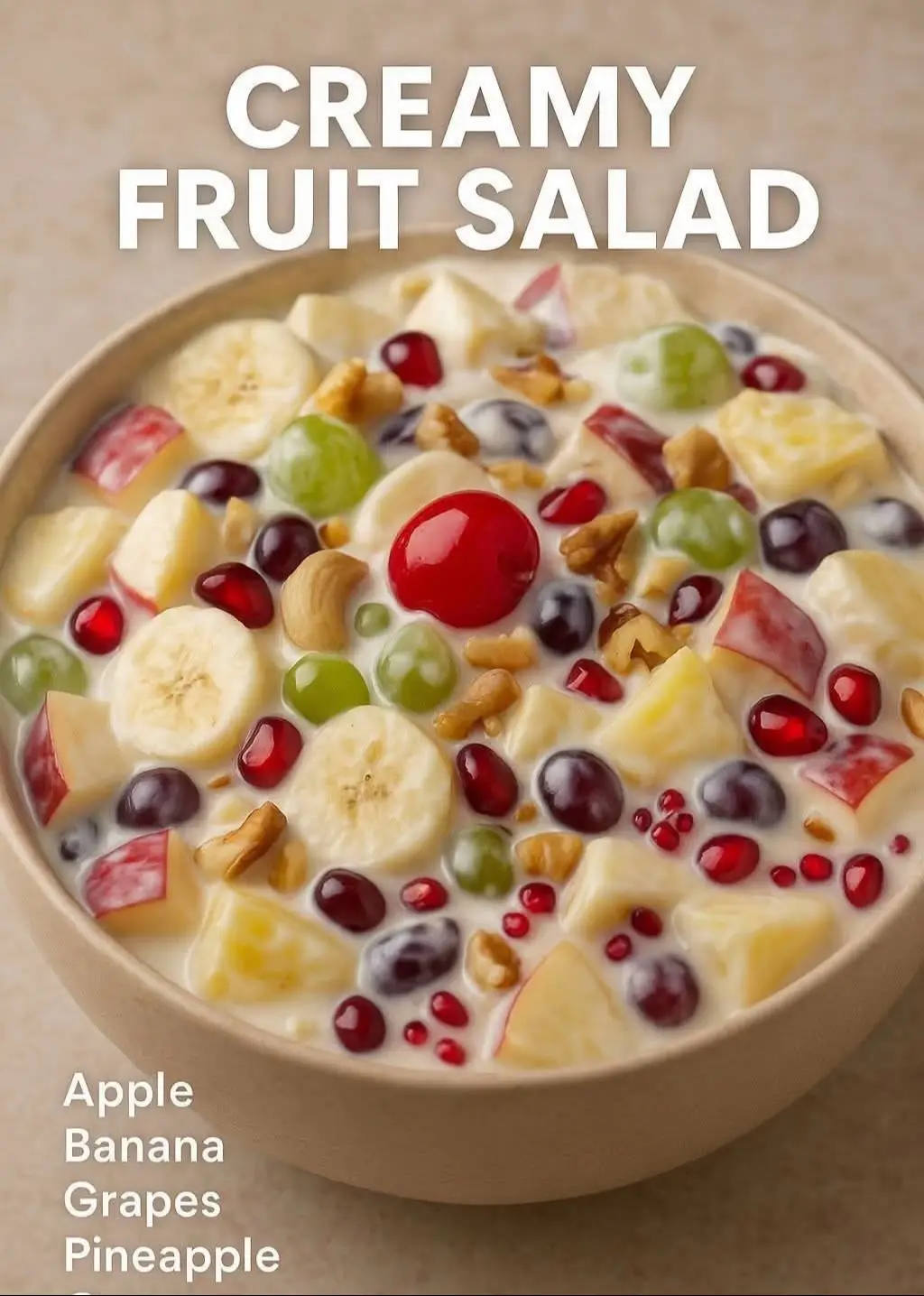 Creamy Fruit Salad Recipe Ingredients: Apple – 1 cup (chopped) Banana – 1 cup (sliced) Grapes – 1 cup (seedless, halved) Pineapple – 1 cup (chopped or canned) Mango – 1 cup (chopped, optional) Pomegranate seeds – ½ cup Chilled cream – 1 cup (whipped slightly) Condensed milk – ½ cup (adjust to taste) Mayonnaise – 2 tbsp (optional, for extra creaminess) Vanilla essence – ½ tsp Chopped nuts – ¼ cup (cashews, almonds, walnuts) Cherries – for garnish (optional) --- 👩‍🍳 Instructions: 1. Prepare Fruits: Wash, peel, and chop all fruits into bite-sized pieces. 2. Mix Cream Base: In a large bowl, mix chilled cream, condensed milk, mayonnaise (if using), and vanilla essence. Whisk until smooth. 3. Combine: Gently fold the fruits and chopped nuts into the creamy mixture. 4. Chill: Cover and refrigerate for at least 1 hour before serving. 5. Serve: Garnish with cherries or extra nuts and serve cold. --- ✅ Tips: Don’t add watery fruits like watermelon—they make the salad runny. You can skip mayonnaise for a lighter version. Adjust sweetness with more or less condensed milk.