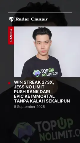 Tobias Justin atau yang dikenal secara profesional sebagai Jess No Limit melakukan live streaming push rank game Mobile Legend dari Epical Glory ke Mytic Immortal hanya butuh kurang dari 4 hari dan memenangkan 273x pertandingan tanpa kalah sekalipun. #NEXTJagoanMabar #MLBBNEXT2025 #MLBB 