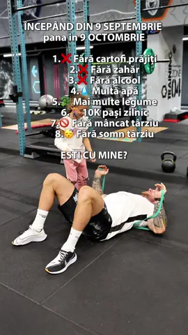 🚀 Provocarea începe din 09 Septembrie! Timp de 4 săptămâni schimbăm obiceiurile împreună: ❌ fără cartofi prăjiți ❌ fără zahăr ❌ fără alcool 💧 multă apă 🥦 mai multe legume 🚶‍♀️ 10.000 pași zilnic 🚫 fără mâncat târziu 😴 fără somn pierdut noaptea Nu e vorba doar de reguli, ci de disciplină, energie și rezultate reale 💪. 👉 Întrebarea e simplă: ești aici cu mine?