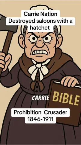 Carrie Nation was born on November 25, 1846, in Garrard County, Kentucky, and she died on June 9, 1911, in Leavenworth, Kansas.  Her 64 years were packed with activism, controversy, and a whole lot of broken barware. If you’re building content around her, that timeline places her squarely in the post–Civil War reform era, right before the full swing of Prohibition.  #USHistory #history #historytok #Prohibition 
