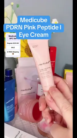 Medicube PDRN Pink peptide eye  cream. A little goes a long way, and with the eye cream having a pump top it makes it easy to measure the amount of product to use. Take 1 pump and use half on one eye and the other half on the other eye #tiktoklive #livehighlights #medicube #eyecream #pdrn 