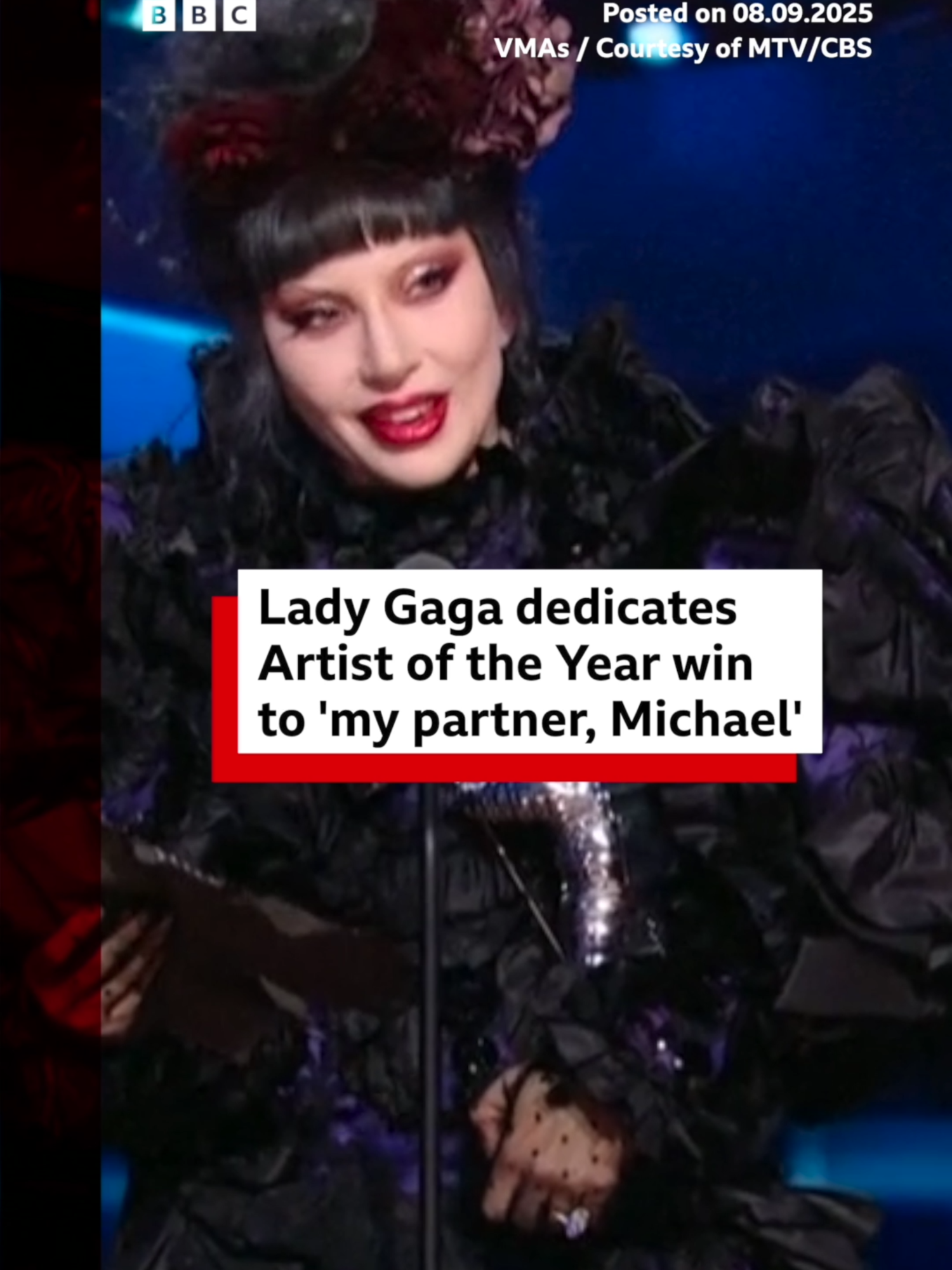 Lady Gaga dedicated her Artist of the Year award to her fiancé Michael Polansky at the VMAs. #VMAs #VMAs2025 #LadyGaga #MusicTok #BBCNews