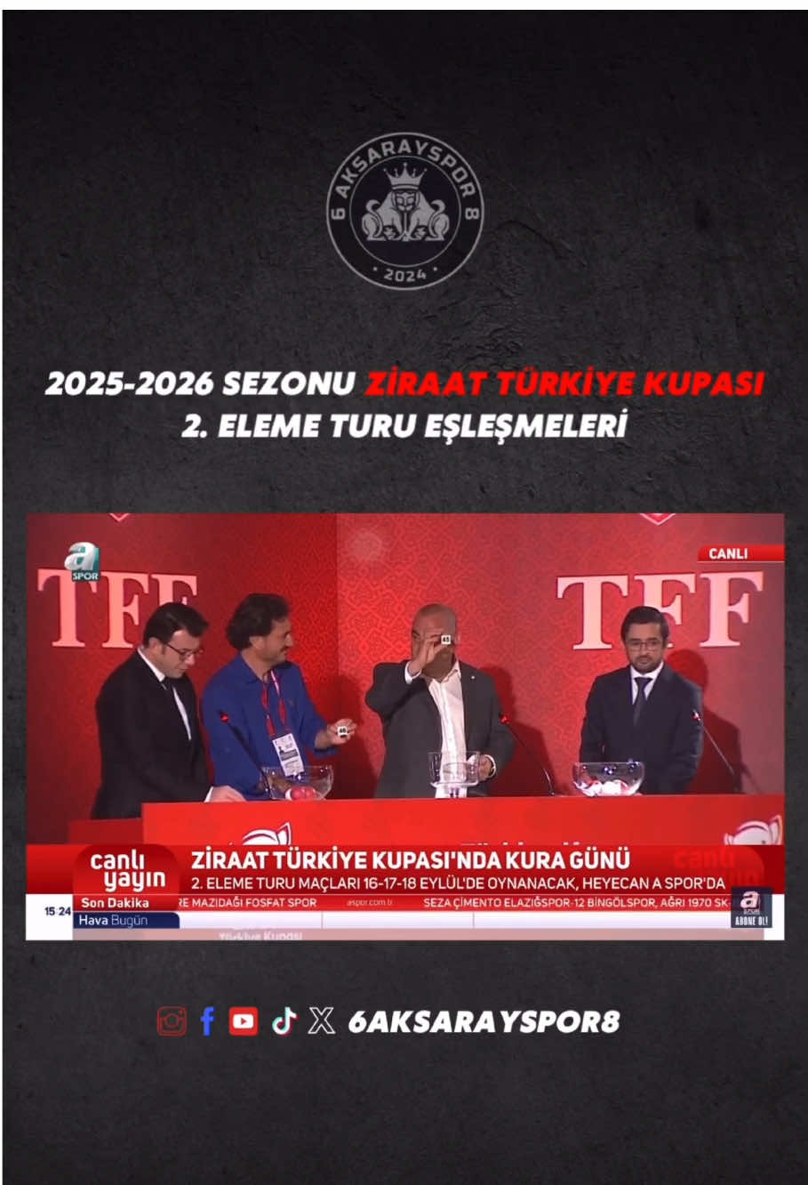 2025-2026 sezonu Ziraat Türkiye Kupası 2. Eleme Turu eşleşmeleri sonucunda, kulübümüz Kuzeyboru 68 Aksarayspor, Niğde Belediyse Spor ile eşleşmiştir.   Kulüp Başkanımızın çekmiş olduğu kura sonucunda karşılaşma, deplasmanda oynanacaktır.   2. Eleme Turu maçları, 16-17-18 Eylül 2025 tarihlerinde oynanacaktır.   Eşleşmenin her iki kulüp için de hayırlı olmasını diliyoruz.   🖤🤍   #Kuzeyboru68Aksarayspor   #ZiraatTürkiyeKupası #niğdebelediyespor   #6aksarayspor8 #aksarayspor