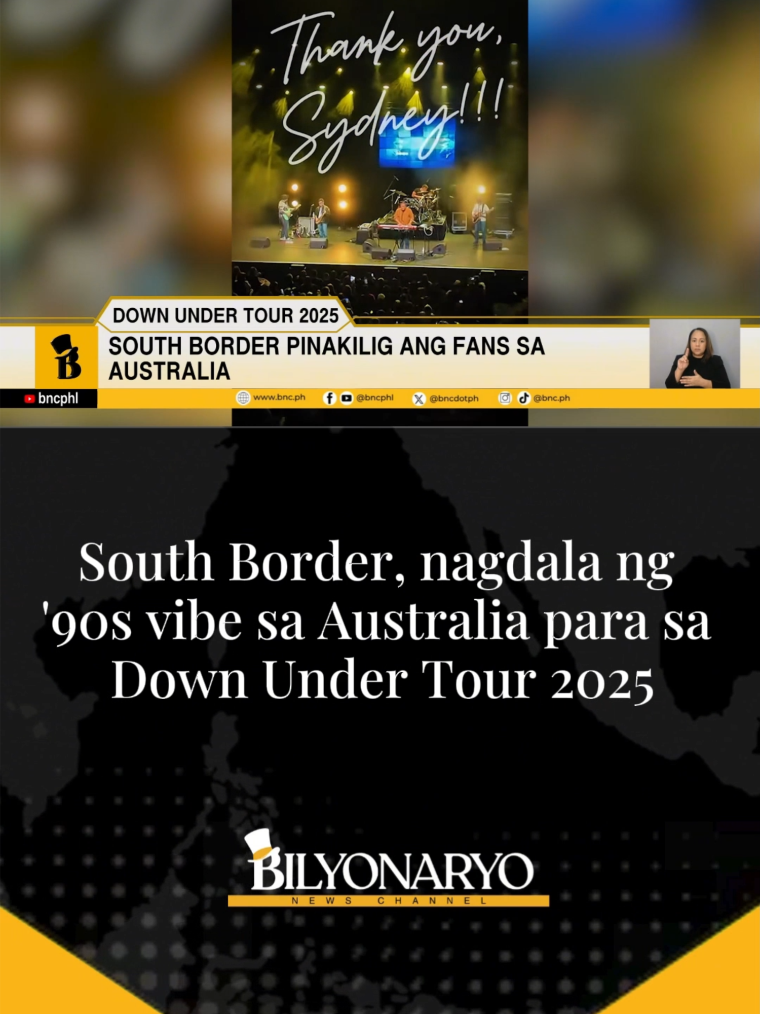#Agenda | 90's kilig and nostalgic feels ang dala ng concert tour ng South Border sa Australia. Narito ang Agenda report ni Monique Tuzon. #nostalgic #SouthBorder #Australia #MoniqueTuzon  #fypage #fyp #foryoupage #tiktokph #tiktokphilippines #news #phnews #bnc #bilyonaryonewschannel #bilyonaryo