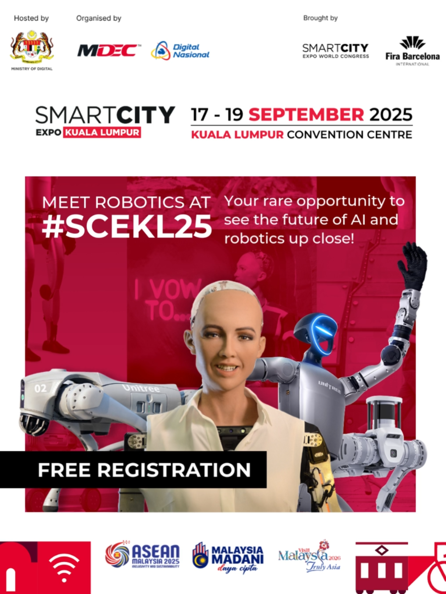 Step into the future at #SCEKL25 — and meet it face to face! Register to visit the exhibition for FREE and interact with robotics up close, including Sophia the Robot and Unitree agile robots. 🔗 Secure your free pass today - exhibition.smartcityexpokl.com Malaysiakini & Digital News Asia are proud to be one of the official Media Partners of Smart City Expo Kuala Lumpur (SCEKL) 2025.