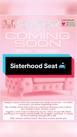 ✨ COMING SOON: Sisterhood Seat ✨ I’m so excited to share a brand-new initiative that we are starting in partnership with Creating Happiness Together (CHT) 💕 The Sisterhood Seat is a safe, supportive weekly virtual circle for women — a space where you can show up exactly as you are. No masks, no pressure, just sisters supporting sisters. 🤝 🌸 Here, your voice matters. 🌸 Your feelings matter. 🌸 You matter. Together, we’ll build a community of care where we can talk about anything on our hearts — mental health, life struggles, small joys, or simply the act of making it through the week. 🪑 One hour a week. 🪑 A seat just for you. 🪑 A sisterhood to remind you that you are never alone. 💌 If anyone would like to get involved, please drop me a message. Stay tuned for launch details. Let’s create happiness, together. #SisterhoodSeat #CreatingHappinessTogether #CHTCharity #MentalHealthMatters #SistersSupportingSisters 
