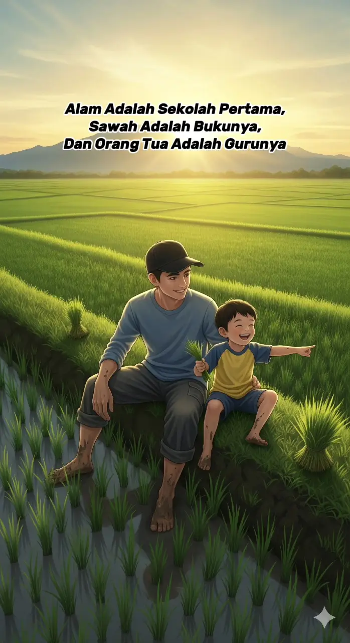 “Alam adalah sekolah pertama, sawah hanyalah salah satu bukunya, dan orang tua adalah gurunya. Setiap anak manusia sejatinya harus diperkenalkan sejak dini pada siapa Penciptanya dan di mana ia berpijak. Dari matahari yang terbit, dari tanah yang menumbuhkan kehidupan, dan dari angin yang berhembus, anak belajar bahwa ada kekuatan yang jauh lebih besar dari dirinya. Alam menjadi jendela untuk memahami kebesaran Tuhan dan menyadarkan manusia akan tempatnya di dunia.” “Dari ruang sederhana itulah lahir cara mendidik yang istimewa. Anak belajar bukan hanya tentang bekerja, tapi juga tentang mensyukuri kehidupan. Dari kesederhanaan tercipta karakter yang kokoh; dari kedekatan dengan alam tumbuh jiwa yang kuat menghadapi dunia dan isinya. Karena pendidikan sejati bukan sekadar ilmu di kepala, melainkan bekal jiwa yang mengakar pada bumi dan tertuju kepada Sang Pencipta.” #motivasipetani #petanimilenial #PetaniMuda #petaniindonesia🇮🇩🇮🇩🇮🇩🌿🌿 
