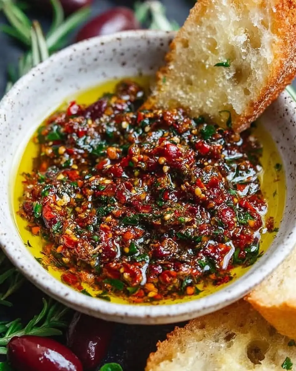 Ingredients: 1/2 cup extra virgin olive oil (high quality) 3 cloves garlic, finely minced 1 teaspoon lemon zest 1 tablespoon freshly squeezed lemon juice 1 teaspoon dried oregano 1 teaspoon dried thyme Optional Garnish: Crushed red pepper flakes Fresh parsley, chopped Kalamata olives on the side for serving Directions: In a small bowl, whisk together olive oil, minced garlic, lemon zest, and lemon juice. Add dried oregano and thyme, then stir to combine. Let the dip rest for 10–15 minutes at room temperature to allow flavors to meld. Garnish with crushed red pepper flakes or fresh parsley if desired. Serve with warm crusty bread, pita, or alongside a Mediterranean mezze platter. Prep Time: 10 minutes | Cooking Time: 0 minutes | Total Time: 10 minutes Kcal: 160 kcal | Servings: 4 servings