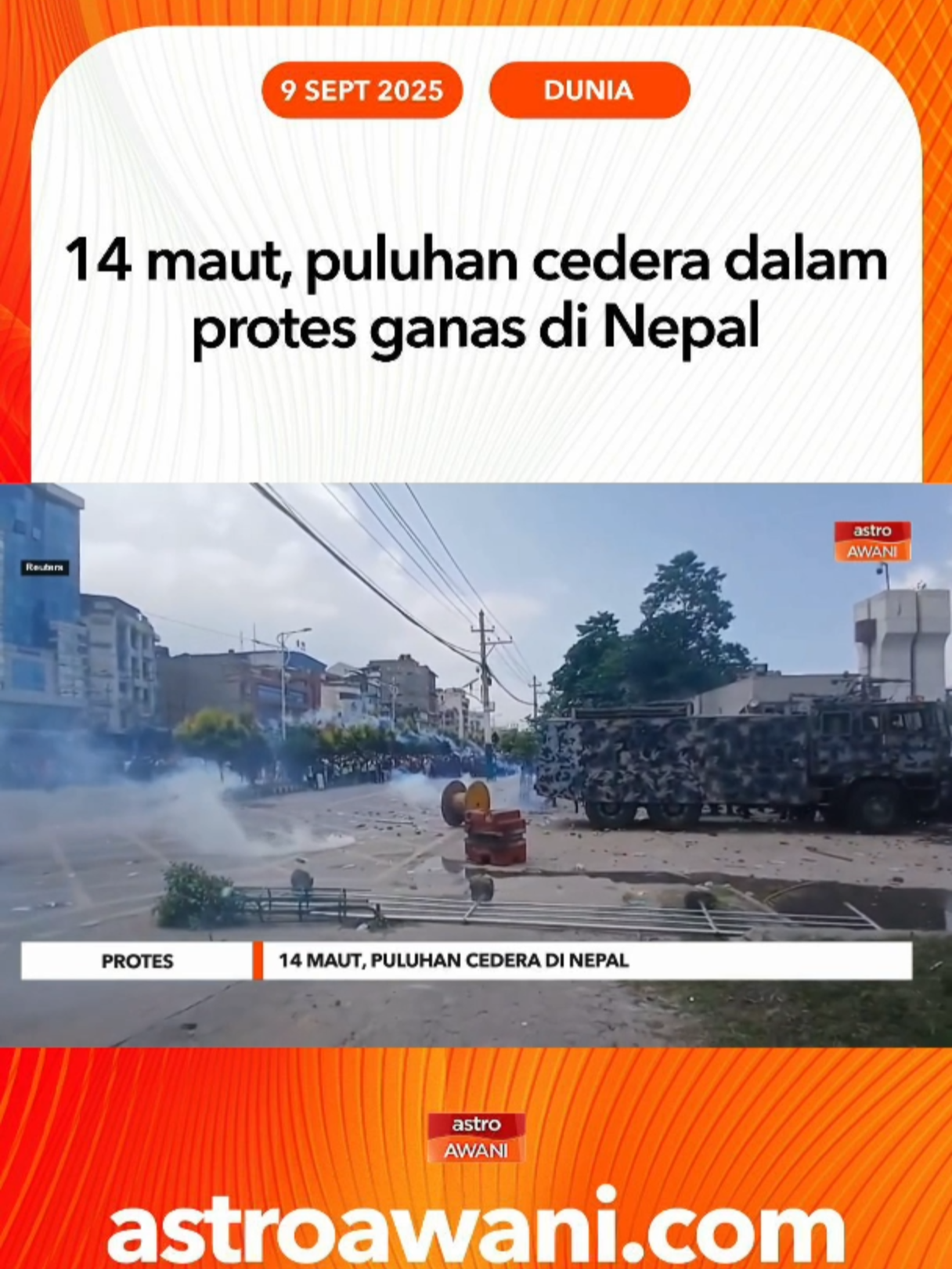 Jurucakap Pejabat Daerah Kathamandu, Muktiram Rijal, polis menerima arahan menggunakan meriam air, kayu cota dan peluru getah untuk mengawal orang ramai. #AWANInews