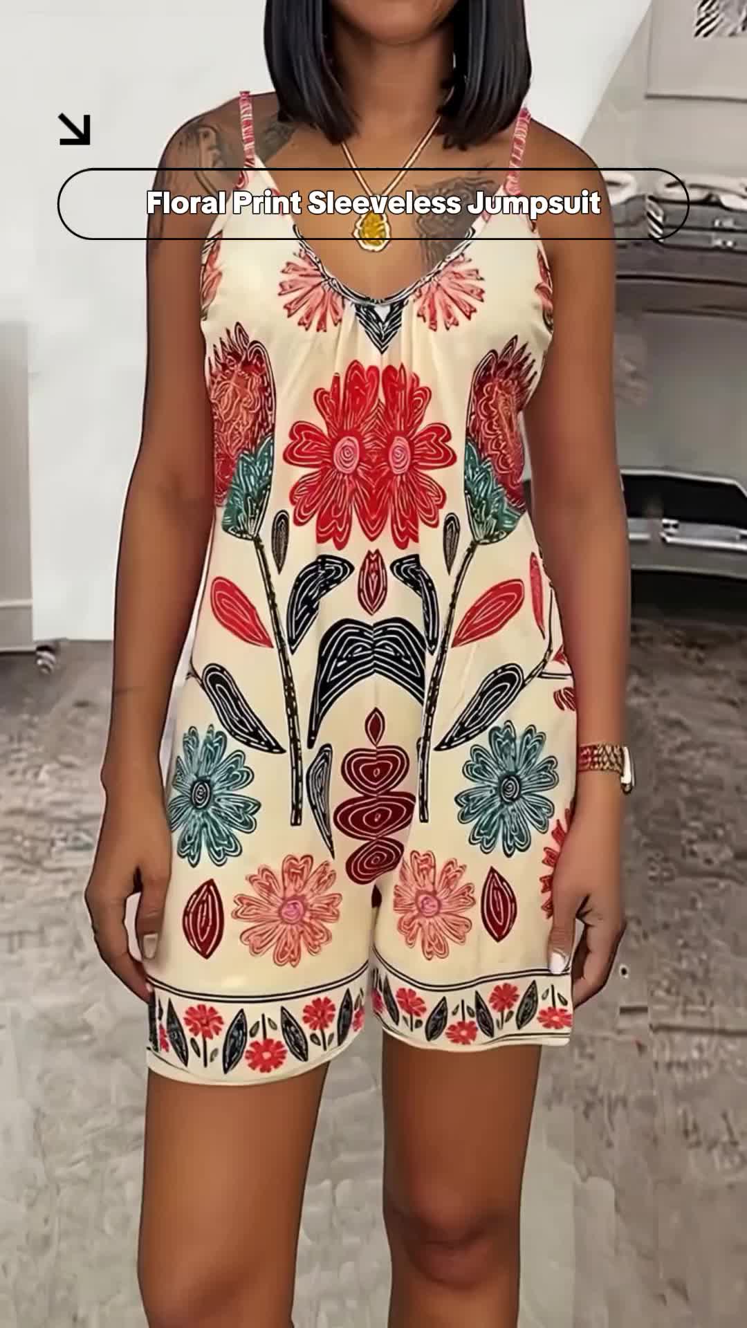 Women'S Elegant Sleeveless Jumpsuit, Floral Print, Front Pleat, Pocket - Spring/summer Fashion Double Pocket Design, Polyester Knit Fabric, Round Neck, Casual Fashion Style | Sleeveless Jumpsuit Womenswear Overalls Fitted Multicolour Spaghetti Strap #jumpsuits #widelegjumpsuit #womensjumpsuit #backlessjumpsuit #elegantjumpsuit #summerjumpsuit #plussizejumpsuit #womenjumpsuit #jumpsuitoutfitideas #floraljumpsuit