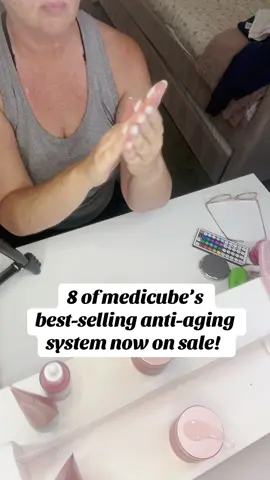 Eight of Medi cubes best selling anti-aging products are bundled together for one low price. You get a cleanser,  serums, two masks, toner and more that feature salmon pdrn for dark spots, large pores for a glass-glow and even skin tone. #antiaging #antiagingskincare #medicube #genx #glassskin 