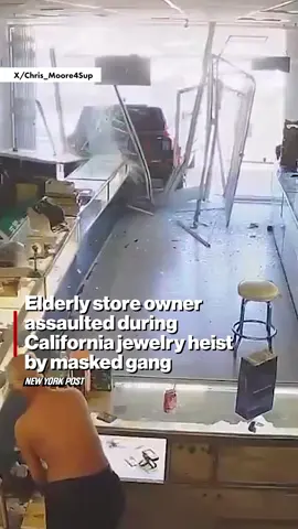 Shocking surveillance footage shows a relentless gang of masked thieves rushing into a California jewelry store and assaulting the shop’s 88-year-old owner, causing him to have a stroke during a smash-and-grab robbery.