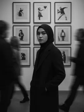 Prompt IA + Sway song ❤️‍🔥❤️‍🔥 A high-contrast black and white photo taken in a modern art gallery.the scene captures a candid, 