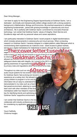 The cover letter that got me to the Goldman Sachs AC 📝 Quick tips for standing out in Degree apprenticeship applications 🚀💫#applications  1️⃣ research the company & industry 💻 : key topics that most companies are involved in eg AI 🤖 2️⃣ tailor your experiences 🪡 3️⃣ clear format 📄  Feel free to send a dm if you need help with making one 💌#coverletter #degreeapprenticeship #Engineering #jobsearch 