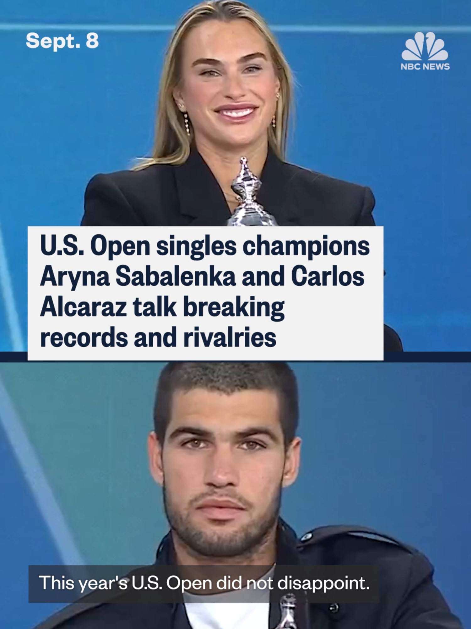 In an exclusive interview, U.S. Open champions Aryna #Sabalenka and Carlos #Alcaraz join @todayshow with their trophies in hand to talk about their wins. Sabalenka discusses being the first woman to win back-to-back Opens since #SerenaWilliams and Alcaraz opens up about how his rivalry with #JannikSinner makes him a better player. “I think we push each other to the limit every time,” Alcaraz says.