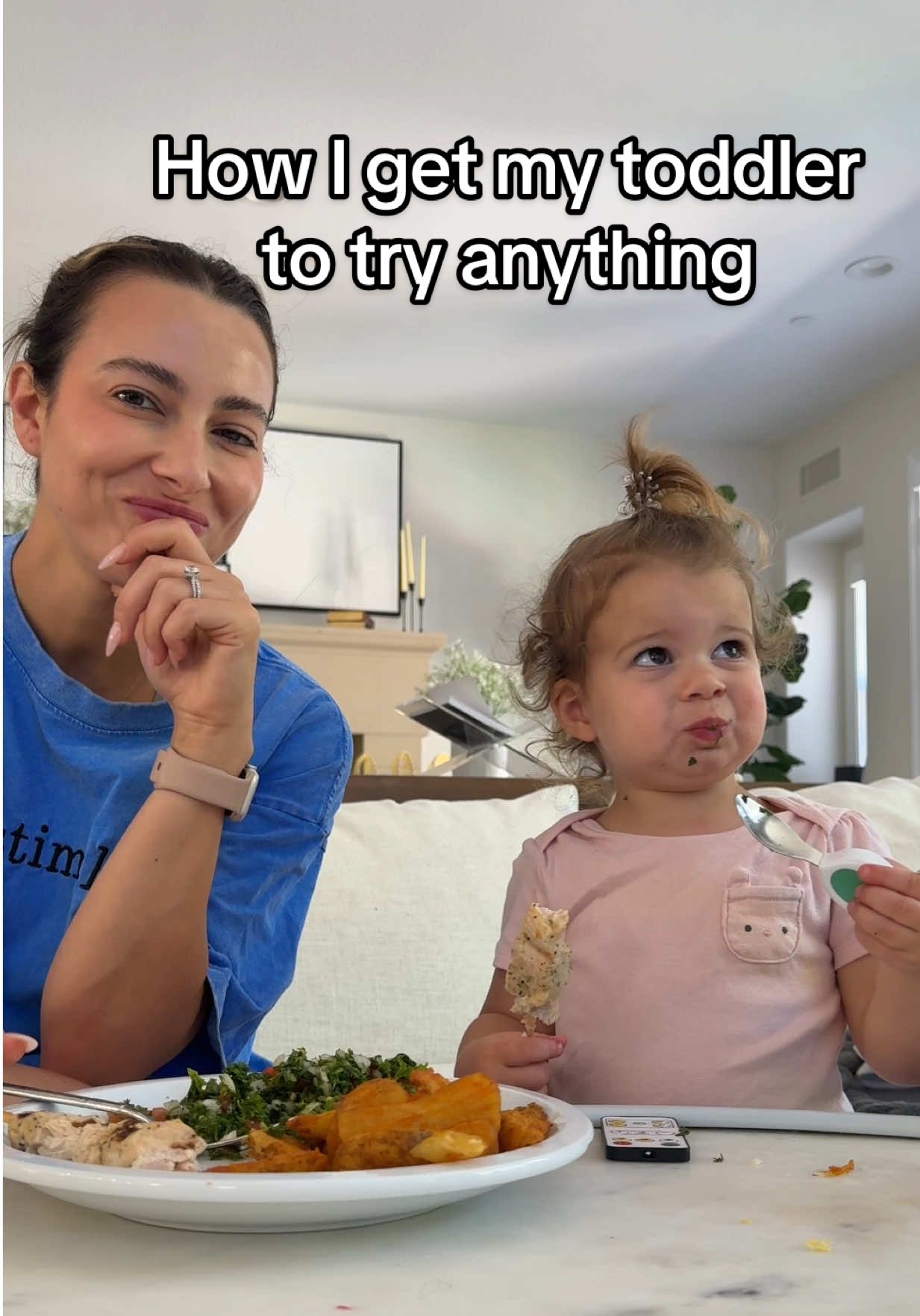 Follow for more tips! Remember that video where she said “ehhh no” when she ate tomato? Look at her now! The key is to stay neutral and calm, model eating the food yourself, and enjoy! #pickyeater #toddlertips #toddlermeals #toddlerhack #momhack 