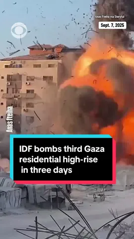 The Israel Defense Forces carried out strikes on Sunday that demolished the seven-story Al-Ru’ya building in a southern Gaza City neighborhood, after ordering the evacuation of residents inside the building and in nearby tents. The military later claimed the building had been used by Hamas for intelligence gathering and as an observation post. Videos taken in the aftermath of the strike showed a large group of tents nearby were also destroyed by the strike, with refugees finding themselves displaced again. #gaza #israel 