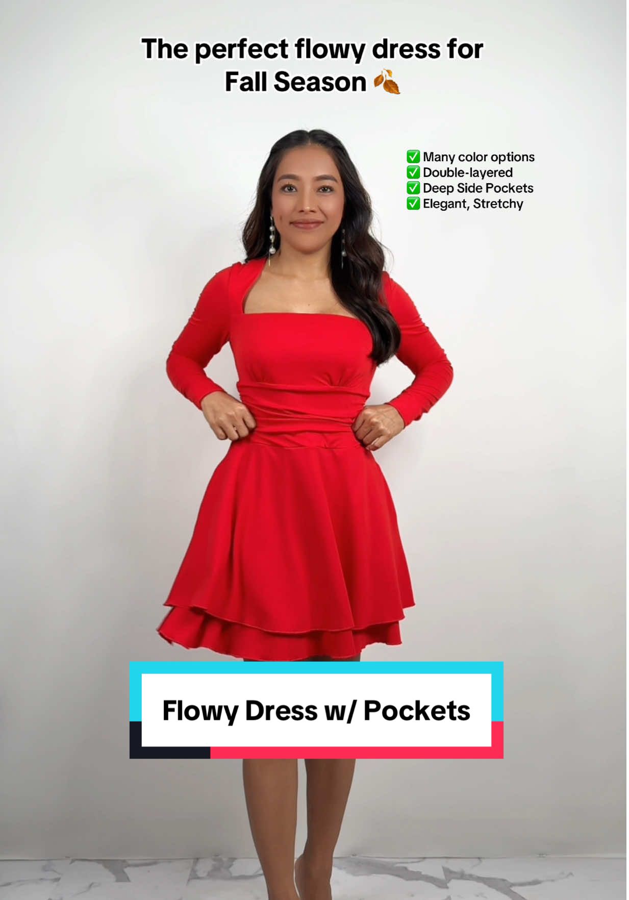 The perfect flowy dress for fall.🍂 Love side pockets! Many color options!  #falldress #longsleevedress #flowydress #falldresses #autumndress 