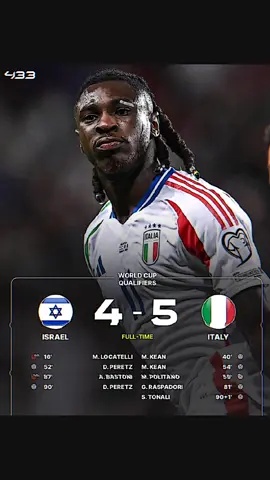 FT: ISRIWIL 4-5 ITALIA 🤯 Italia amankan 3 Point setelah berhasil menang dramatis lawan isriwil dengan skor 5-4, moise Kean cetak Brace, tonali jadi pahlawan dimenit akhir 🤯 . #italy #kean #israel🇮🇱 #fifaworldcup #italia  #kualifikasipialadunia2026 