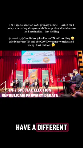 TN-7 special election GOP primary debate — asked for 1 policy where they disagree with Trump, they all said release the Epstein files… Just kidding! @matt4tn, @GinoBulso, @LeeReevesTN said nothing 😬  @JodyBarrett4TN said the COVID v*ccine (which saved many) hurt millions🤔 (Bulso said Trump > Reagan)