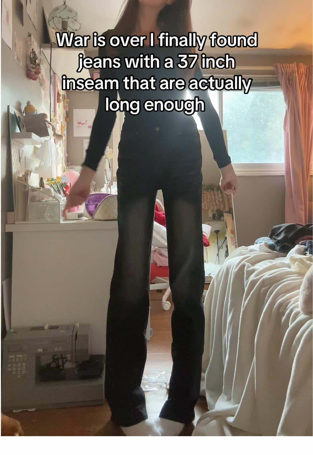 THEY TOUCH THE FLORWHEN I WALK AND ARENT HIGHWATERS! I don't like high-rise because my torso is already short enough as it is and the distressing details because it kinda looks very manufactured but I'll take what I can get I'm just greatful they're actually long enough. ##jeansfortallpeople##longlegproblems💔 