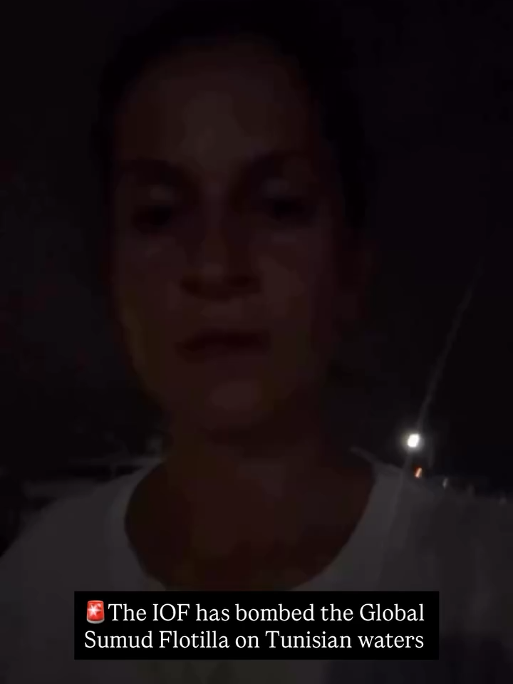 The Global Sumud Flotilla has been bombed by the occupation in Tunisian waters. The attack set the boat on fire, a deliberate strike on an unarmed civilian vessel.