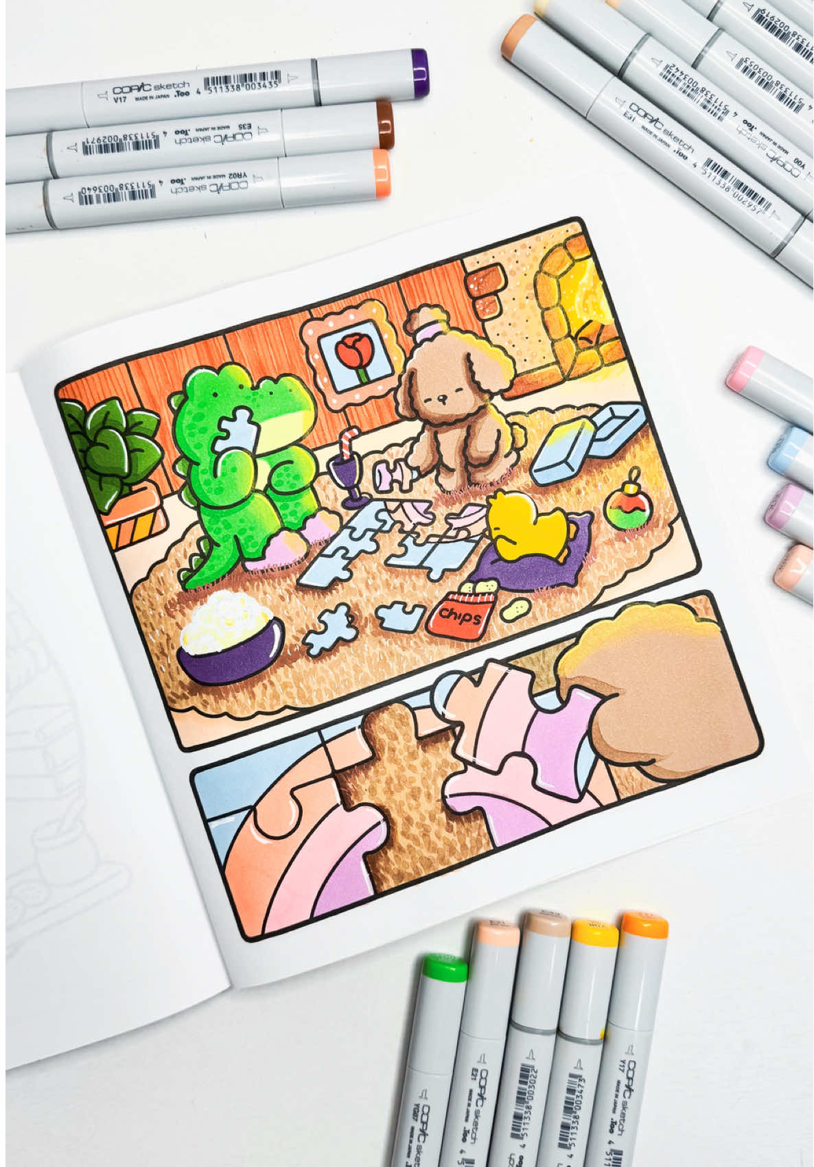 Noite de montar quebra-cabeça 🧩  Livro COMFY DAYS Marcadores COPIC SKETCH Acrílica COPIC ACREA  Lápis SUPER SOFT Link de todos os materiais no meu perfil 📲