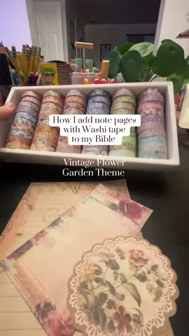 Here’s a super simple and easy way to add note pages to your Bible!🤍 I was inspired by @NoteNook INC Vintage Forest scrapbook kit and their vintage flower tape as a theme in my Bible! It turned out so cute. Both are found in my showcase ✨#thatnerdybiblegirl #biblejournaling #stationary #washi #bible 