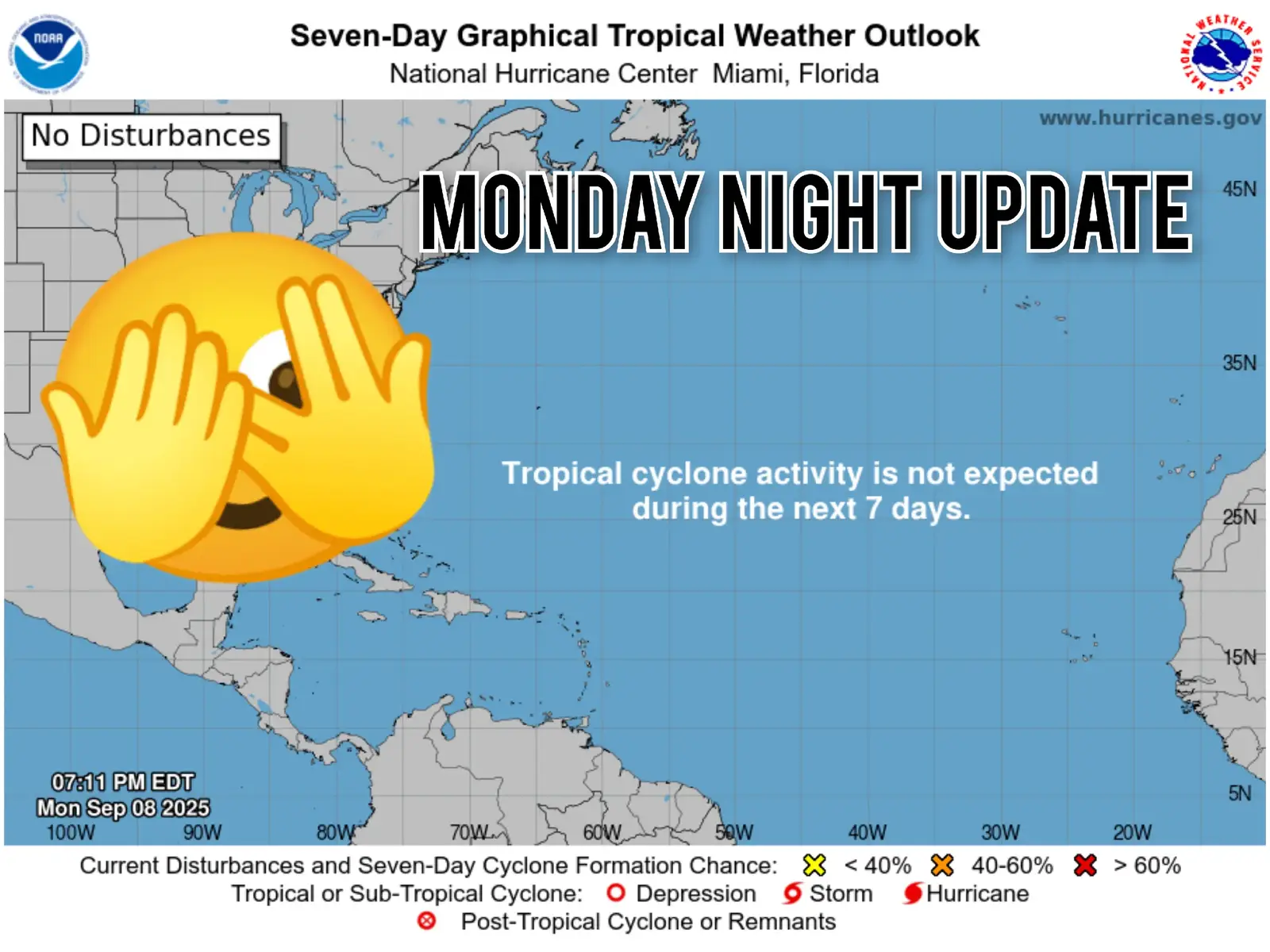 Monday night NHC update. Nothing cooking. Rumors coming in that the tropics are on strike. Something about wanting more TV coverage. And less A.I. models. I'll keep you posted if I hear more. MNF time. Cheering for the Vikings. Julie's home team.