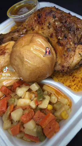 Baked Chicken, Homemade Scalloped Potatoes, Mixed Vegetables, Yellow Rice & A Dinner Roll