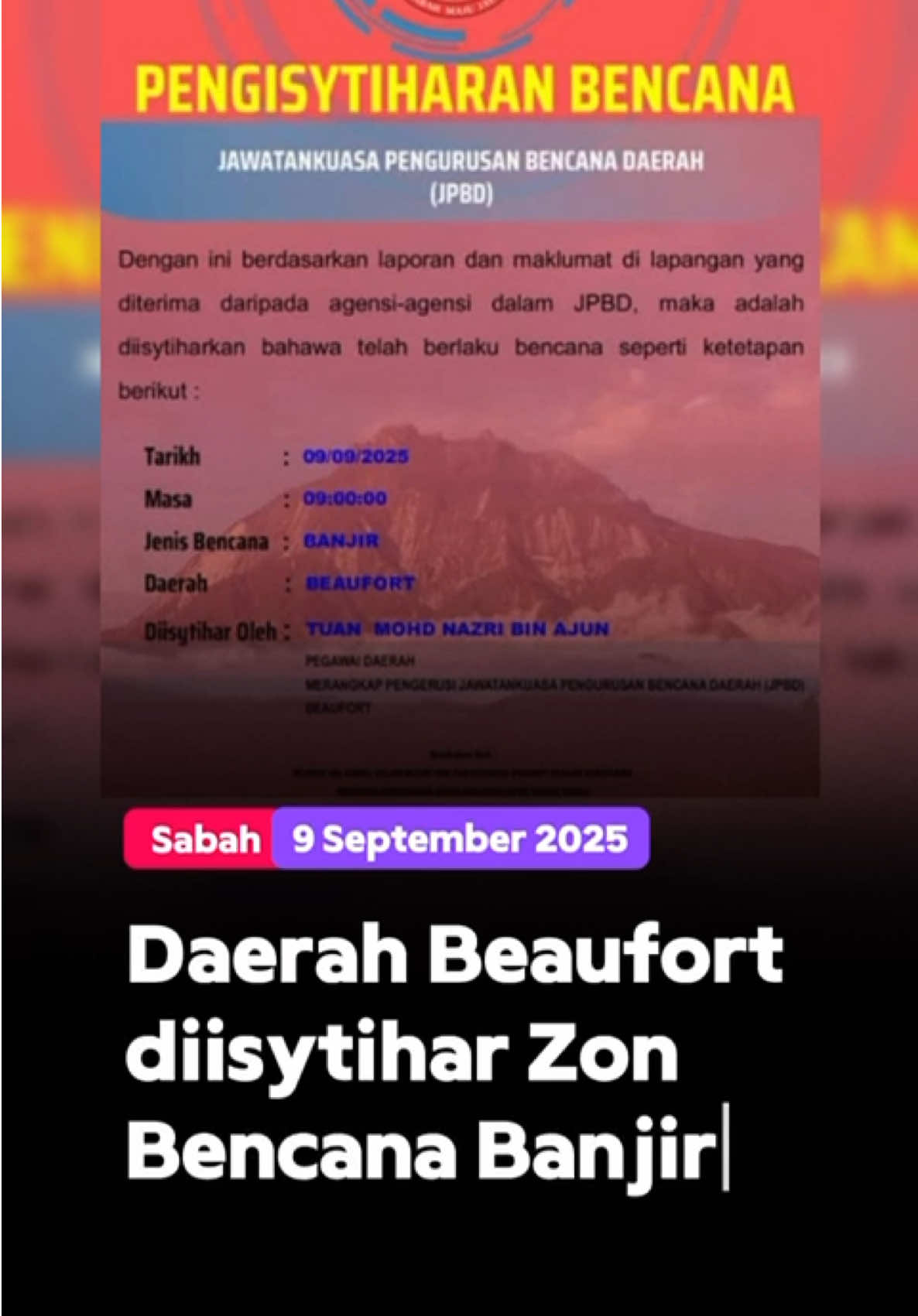 Berikutan hujan lebat berterusan serta kenaikan paras air sungai ke tahap bahaya, daerah Beaufort telah diisytiharkan sebagai kawasan bencana banjir.  Pengerusi Jawatankuasa Pengurusan Bencana Daerah (JPBD) Beaufort, Mohd Nazri Ajun berkata, pengisytiharan itu berkuat kuasa pada pukul 9.00 pagi tadi. #banjir #mcnsabah #communitynews #sabah