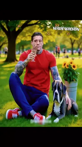 WADE DISFRUTANDO UN HELADO DE CHOCOLATE Y VAINILLA CON SU AMIGO FIEL SKIPER QUE LO ACONPAÑAEN UN BELLO PARQUE.