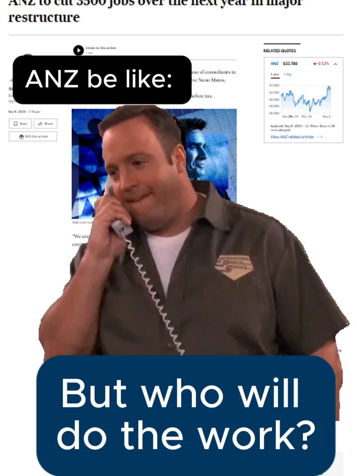 ANZ is unhinged, planning to axe 3500 jobs (14% of it's workforce) in a grab for profits. When asked who would do the work of sacked staff, ANZ had no answer except to say the work would simply stop.  #FSU #union #ANZ #banks #jobcuts