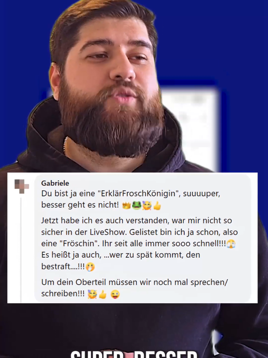 ✨ Neu bei uns: Die Kommentare-Show! ✨ Wir haben in der Froschkönigin-Community schon so viele spannende, lustige, herzliche und auch mal nachdenkliche Kommentare von euch gelesen 💬💖 – und genau da setzen wir jetzt an! 👉 Ab sofort gibt es unsere Kommentare-Show: Hier greifen wir eure Beiträge aus der Shopping-Gruppe 🛍️ oder auch von unserer Seite der Boutique Froschkönigin 👑 auf und gehen direkt darauf ein. Denn: Wir lesen wirklich alles 📖👀, wir denken drüber nach und wir nehmen es ernst. 💡 Unser Ziel: Euch zeigen, dass wir euch zuhören, dass wir gemeinsam wachsen und dass wir als Boutique eben die etwas andere Boutique bleiben 💚🐸. Heute startet die erste Folge – moderiert von unserem Özcan 🎤. Wir wünschen euch ganz viel Spaß und sind gespannt, wie ihr euch darin wiederfindet ✨. Und was soll ich sagen? Froschkönigin – more than magic! 🪄👑🐸 #Froschkönigin #KommentareShow #CommunityPower #ShoppingMitHerz #MoreThanMagic 