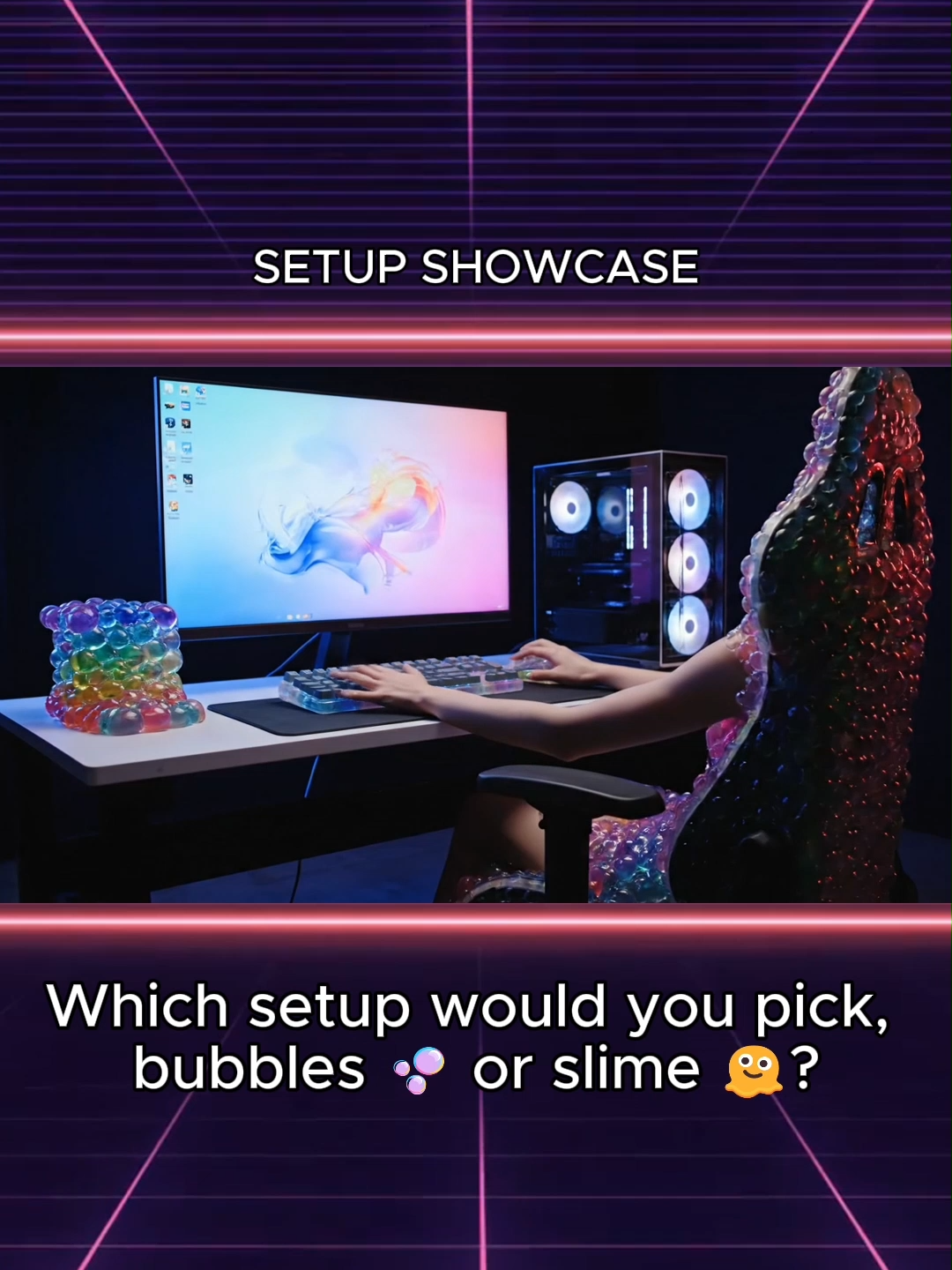 POV: your gaming setup starts to melt 👀 Would you pick bubbles 🫧 or slime 🫠? Tag a friend who needs this setup 🎮 #asmr #asmrcommunity #satisfying #keyboardasmr #aiasmr #GamingSetup #aivideo