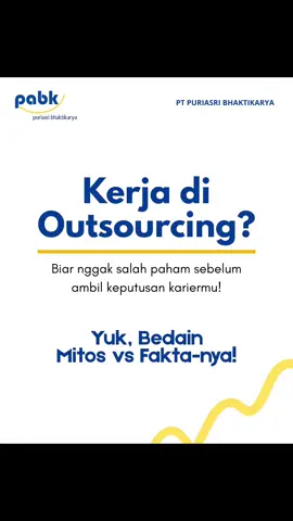 🚀 Kerja di outsourcing? Jangan buru-buru menolak sebelum tahu mitos vs faktanya! Banyak orang salah paham: ❌ “Gaji kecil terus” ❌ “Ribet & lama prosesnya” ❌ “Cuma buat kerja kasar” ❌ “Perusahaannya nggak peduli sama karyawan” 👉 Padahal faktanya, outsourcing bisa kasih: ✅ Gaji sesuai skill & posisi (bahkan di atas rata-rata!) ✅ Proses rekrutmen lebih cepat ✅ Banyak posisi profesional (HR, IT, finance, digital marketing, engineer, dll.) ✅ HR system, training, & support yang solid Jadi, jangan biarkan mitos menghalangi langkahmu untuk bangun karier ✨ Kamu pernah denger mitos lain soal outsourcing? Tulis di komentar ya 👇 #Karier #Outsourcing #KerjaProfesional #TipsKarier #InfoKerja 