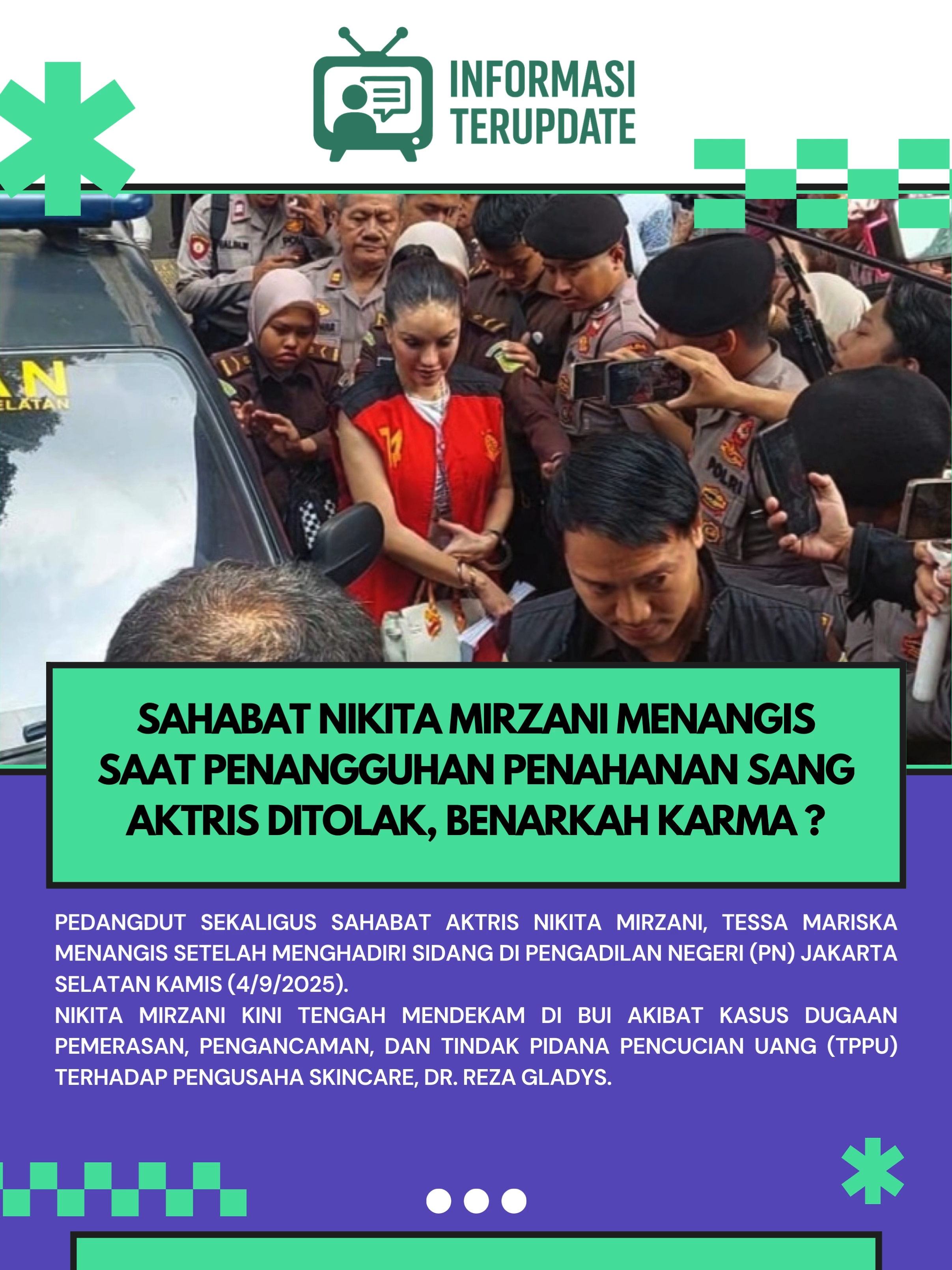 Pedangdut sekaligus sahabat aktris Nikita Mirzani, Tessa Mariska menangis setelah menghadiri sidang di Pengadilan Negeri (PN) Jakarta Selatan Kamis (4/9/2025). Nikita Mirzani kini tengah mendekam di bui akibat kasus dugaan pemerasan, pengancaman, dan tindak pidana pencucian uang (TPPU) terhadap pengusaha skincare, dr. Reza Gladys. Hal itu berawal dari aksi Nikita Mirzani yang kedapatan menulas produk skincare Reza Gladys dengan ulasan buruk. Mengetahui produknya diulas tidak baik oleh pemilik nama lengkap Nikita Mirzani Mawardi itu, Reza pun langsung bereaksi. #nm #nikitamirzani