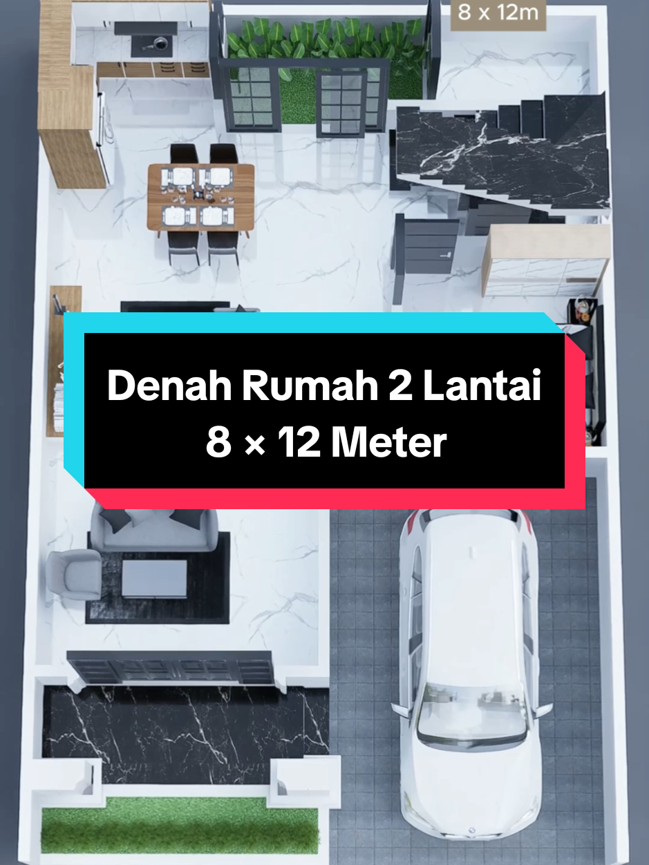 Denah Rumah 2 Lantai . 8 × 12m . • Ruang Tamu • Ruang Keluarga • 4 Kamar Tidur • Ruang Makan • Dapur • 3 Kamar Mandi • Carport • Balkon • Ruang Cuci Jemur • Gudang • Taman #ruangdenah #rumah #denah #xyzbca  #desainrumah 
