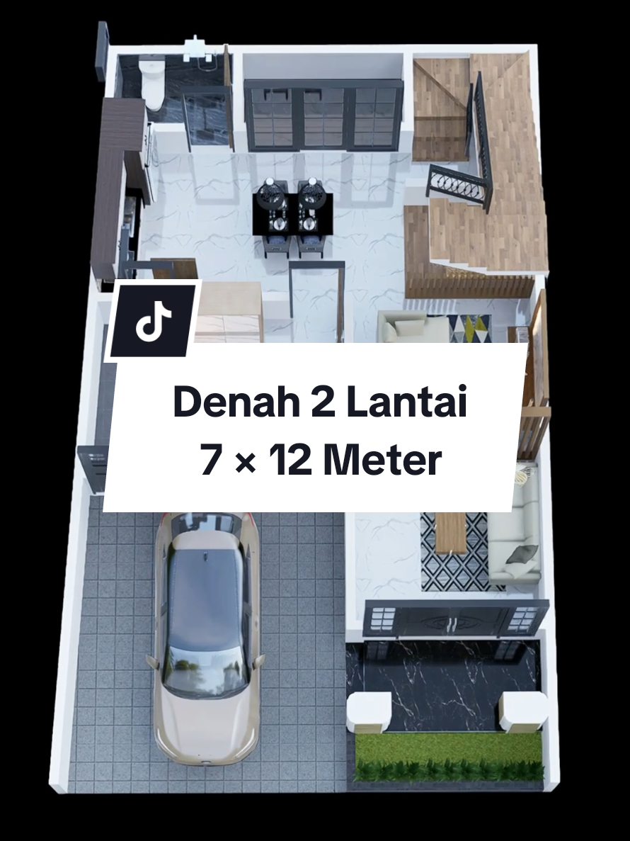 Denah Rumah 2 Lantai | 7 × 12m • Ruang Tamu • Ruang Keluarga • 3 Kamar Tidur • Ruang Makan • Dapur • 3 Kamar Mandi • Carport • Garasi Motor • Balkon • Rooftop • Musholla • Ruang Cuci Jemur • Tamaan #skaladesain #arsitektur #rumah #denah #xyzbca 
