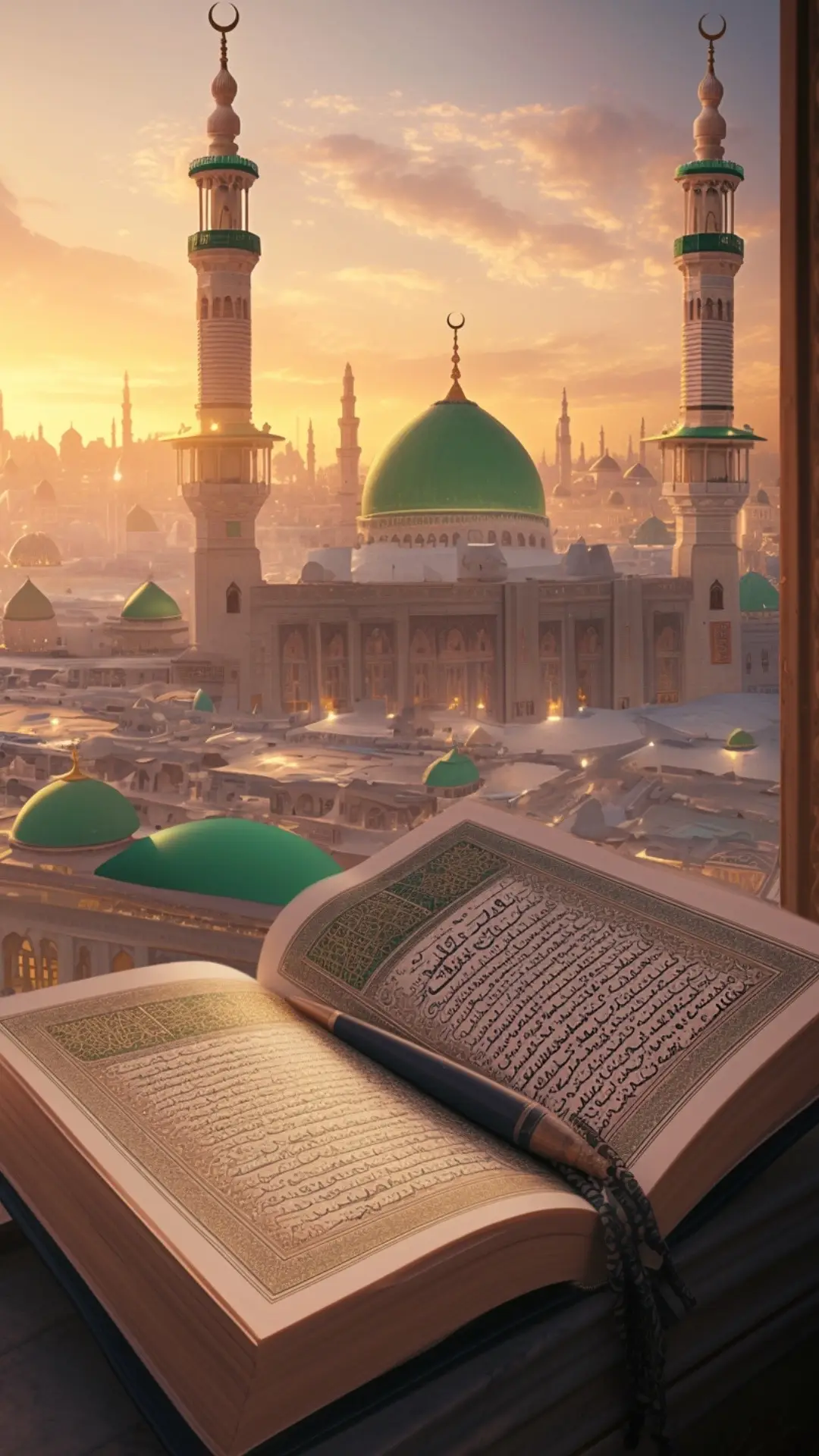 This image captures the majestic beauty of Masjid al-Nabawi, the Prophet's Mosque, located in the holy city of Madina. The iconic green dome marks the resting place of the Prophet Muhammad (PBUH). Surrounded by elegant minarets, the mosque's stunning architecture is illuminated under a clear blue sky. The expansive marble courtyard reflects the soft sunlight, creating a serene and spiritual atmosphere. Pilgrims are seen peacefully walking and praying, symbolizing the unity and devotion of Muslims from around the world. This sacred site is not only an architectural masterpiece but also a place of deep reverence and tranquility. #unfrezzmyaccount #viral #trading #naatstatus #mashallah