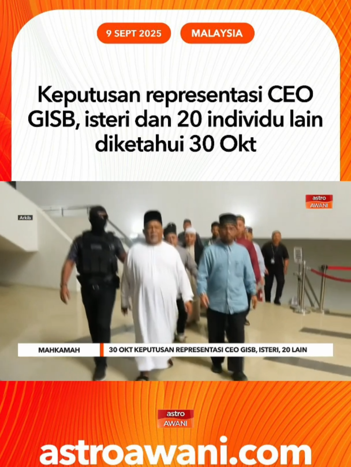 Mahkamah Tinggi Shah Alam hari ini menetapkan 30 Okt depan untuk keputusan representasi Ketua Pegawai Eksekutif GISB Holdings Sdn Bhd Nasiruddin Mohd Ali dan 21 individu lain untuk mengkaji pertuduhan dihadapi mereka atas dakwaan menjadi ahli kumpulan jenayah terancang. #AWANInews
