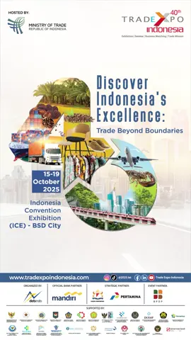 🚀 Ready to Explore TEI 2025? Whether you want to showcase your brand to the world or discover Indonesia’s best products and innovations  Trade Expo Indonesia 2025 is the place to be! 🌍✨ 👥 We've Got You Covered! Curious about how to join? 🔍 Find out how you can register, secure your spot, and make the most of this incredible international trade opportunity. 💼 Ready to connect, collaborate, and grow? Click the link and let's get started! #TEI2025 #TradeExpoIndonesia #BusinessOpportunities #GlobalTrade #Exhibitor #Visitor — Trade Expo Indonesia 📅 : October 15th–19th, 2025 📍: Indonesia Convention Exhibition (ICE BSD) Organized by: @‌debindonetwork Official Bank Partner: @‌bankmandiri Strategic Partner: @‌kadin.indonesia.official @‌pertamina Event Partner @‌bpdp.id – For further information about TEI 2025, please visit our website: 🔗 TEI | Trade Expo Indonesia 2025 Stay updated by following us on our official social media: Instagram: @‌2025.tei TikTok: @‌2025.tei Facebook: Trade Expo Indonesia 2025 LinkedIn: Trade Expo Indonesia 2025 YouTube: Trade Expo Indonesia #TEI2025 #tradexpoindonesia #tradeshow #tradexhibition #event