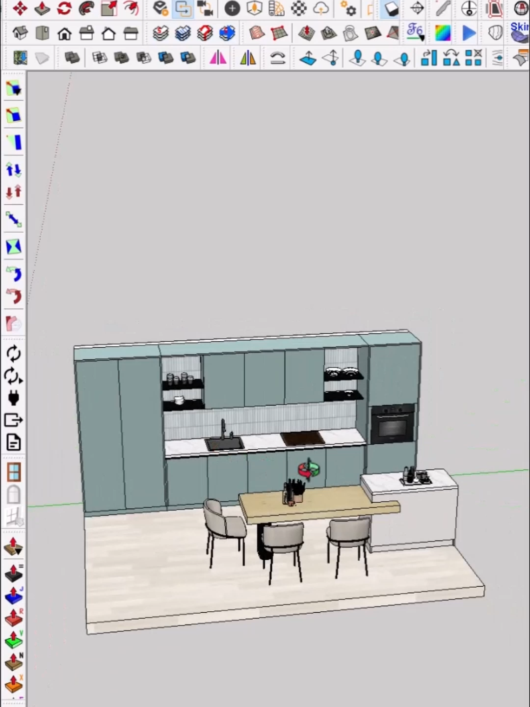 How to model a kitchen in SketchUp with an island, blue laminate walls, parquet flooring, veneered wood on the island, and a stacked blue backsplash.#sketchuptutorial #livingroomdesign #livingroominspo