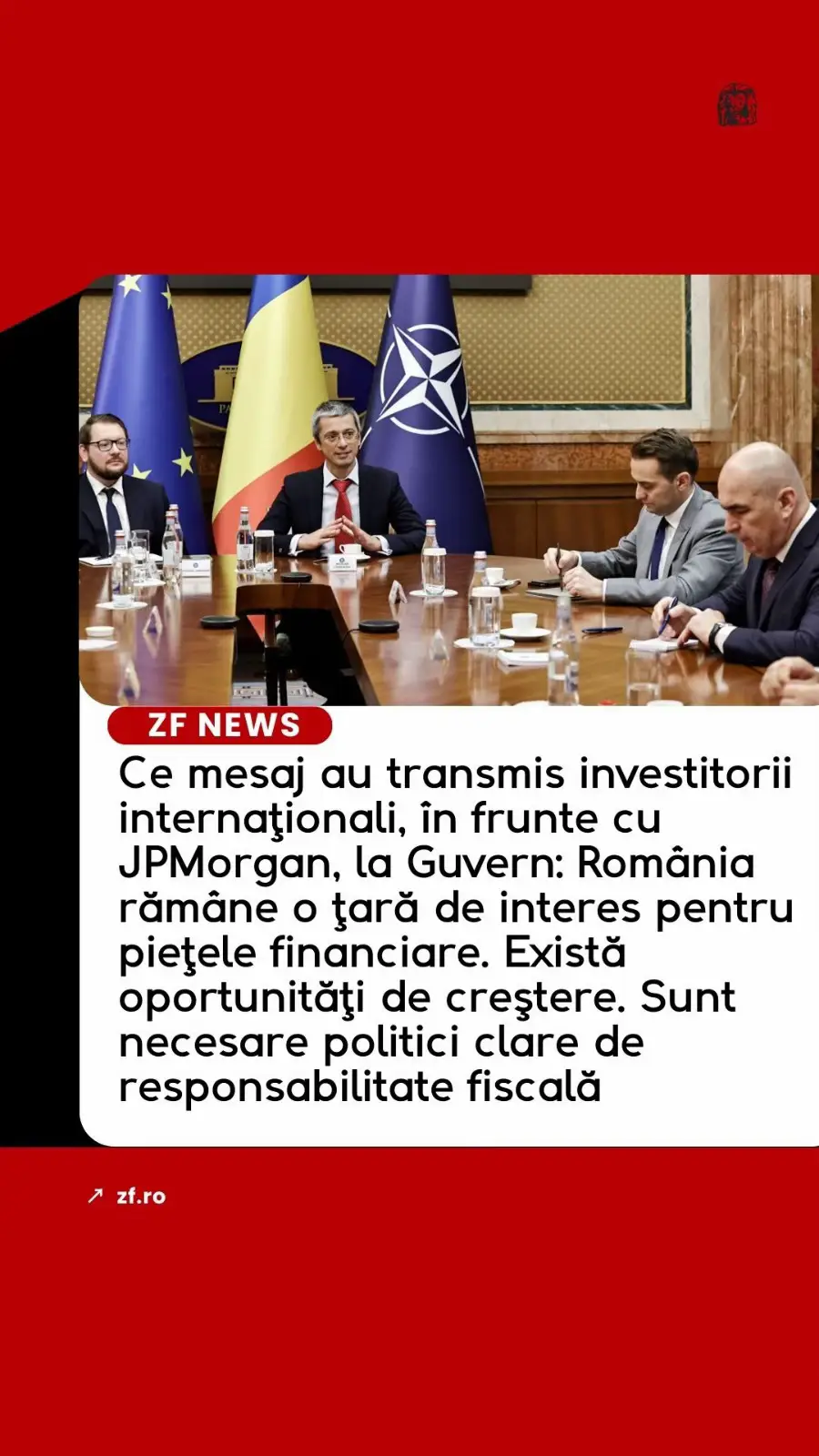 O delegaţie de investitori internaţio­nali, coordonată de JPMorgan, aflată într-o vizită în mai multe state din Europa Centrală şi de Est, s-a întâlnit ieri la Guvern cu prim-ministrul României, Ilie Bolojan. Reprezentanţii delegaţiei au subliniat că România „rămâne o ţară de interes pentru pieţele financiare“, remarcând atât oportunităţile de creştere, cât şi necesitatea unor politici clare de responsabilitate fiscală. 👉 zf.ro