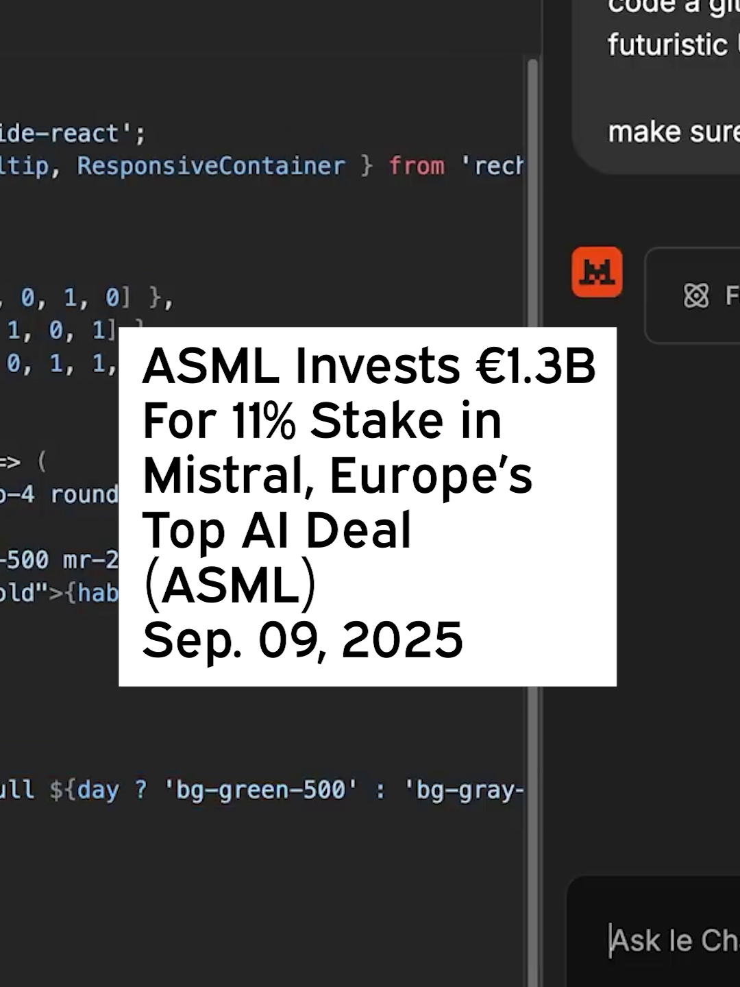 ASML will invest €1.3B in Mistral AI, becoming its largest shareholder with an 11% stake and a seat on the startup’s strategic committee, according to the Financial Times. The deal values Mistral at €10B, making it one of Europe’s most valuable AI companies and marking one of the continent’s largest AI transactions to date. ASML plans to integrate Mistral’s AI models across its product portfolio and R&D, aiming to advance both lithography and semiconductor innovation while strengthening Europe’s independence in AI. #ASML #Mistral #MistralAI #ASMLMistral #ASMLStock #ASMLNews #ASMLStockNews #AI #Semiconductors #ArtificialIntelligence #EuropeAI #FinancialMarkets #Investors #WallStreet #Finance #MarketIntelligence $ASML