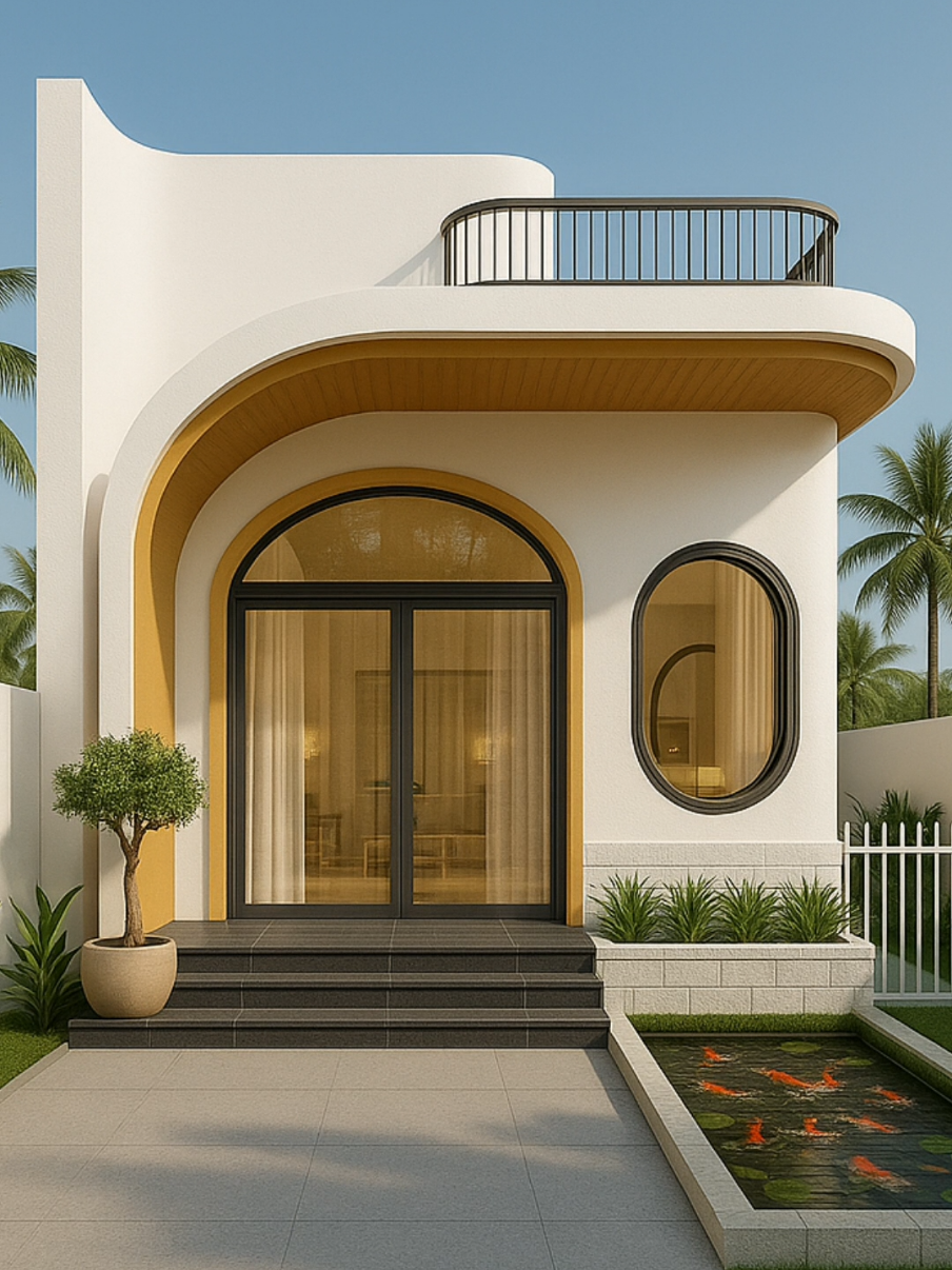 Mẫu nhà cấp 4 với đường bo cong mềm mại, trần hiên ốp gỗ sang trọng và cửa kính rộng thoáng mang lại vẻ đẹp tinh tế, hiện đại. Điểm nhấn phía trước là hồ cá koi cùng tiểu cảnh xanh, tạo sự cân bằng phong thủy và không gian thư giãn cho gia chủ. Ban đêm, hệ đèn ngoại thất lung linh hắt sáng hiên và sân vườn, biến ngôi nhà trở thành tổ ấm vừa ấm áp, sang trọng vừa gần gũi thiên nhiên. #nhacap4 #nhacap4hiendai #nhacap4dep #brahma #kientrucbrahma