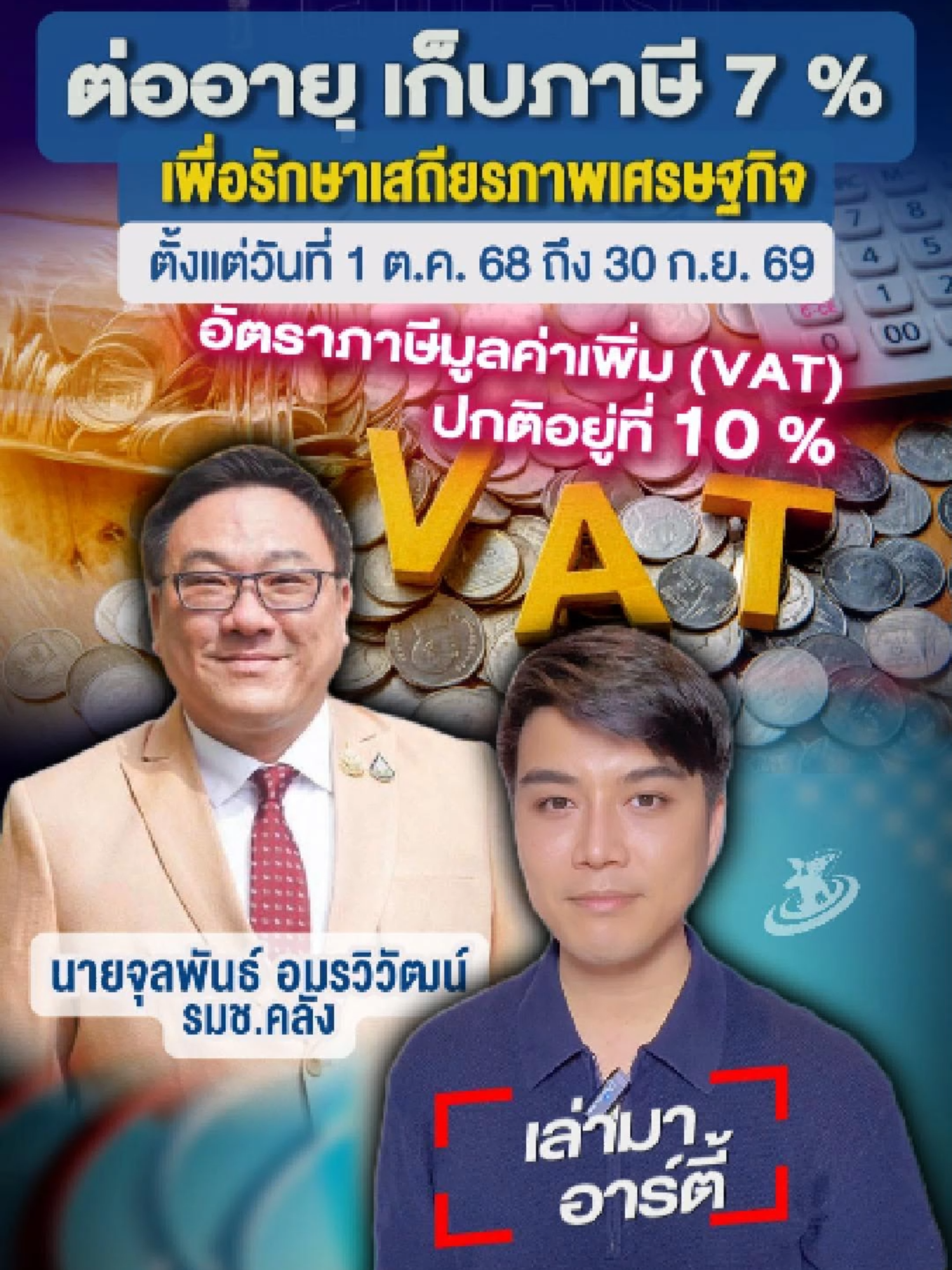 ครม.(9 ก.ย.68) มีมติอนุมัติต่ออายุภาษีมูลค่าเพิ่ม (VAT) เหลือ 7% อีก 1 ปี ตั้งแต่วันที่ 1 ต.ค. 68 ถึง 30 ก.ย. 69 เพื่อรักษาเสถียรภาพเศรษฐกิจ #เก็บภาษี #ภาษีมูลค่าเพิ่ม #vat7% #ภาษี #จุลพันธ์อมรวิวัฒน์ #มติครม #เศรษฐกิจ