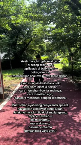 Kadang cinta seorang ayah untuk anak ABK tidak banyak kata. Ia hadir lewat keringat, lewat kesabaran, lewat doa yang tak pernah terdengar. Untuk semua ayah di luar sana: terima kasih sudah jadi pahlawan tanpa tanda jasa. #anakberkebutuhankhusus #anakspesial #speechdelay 